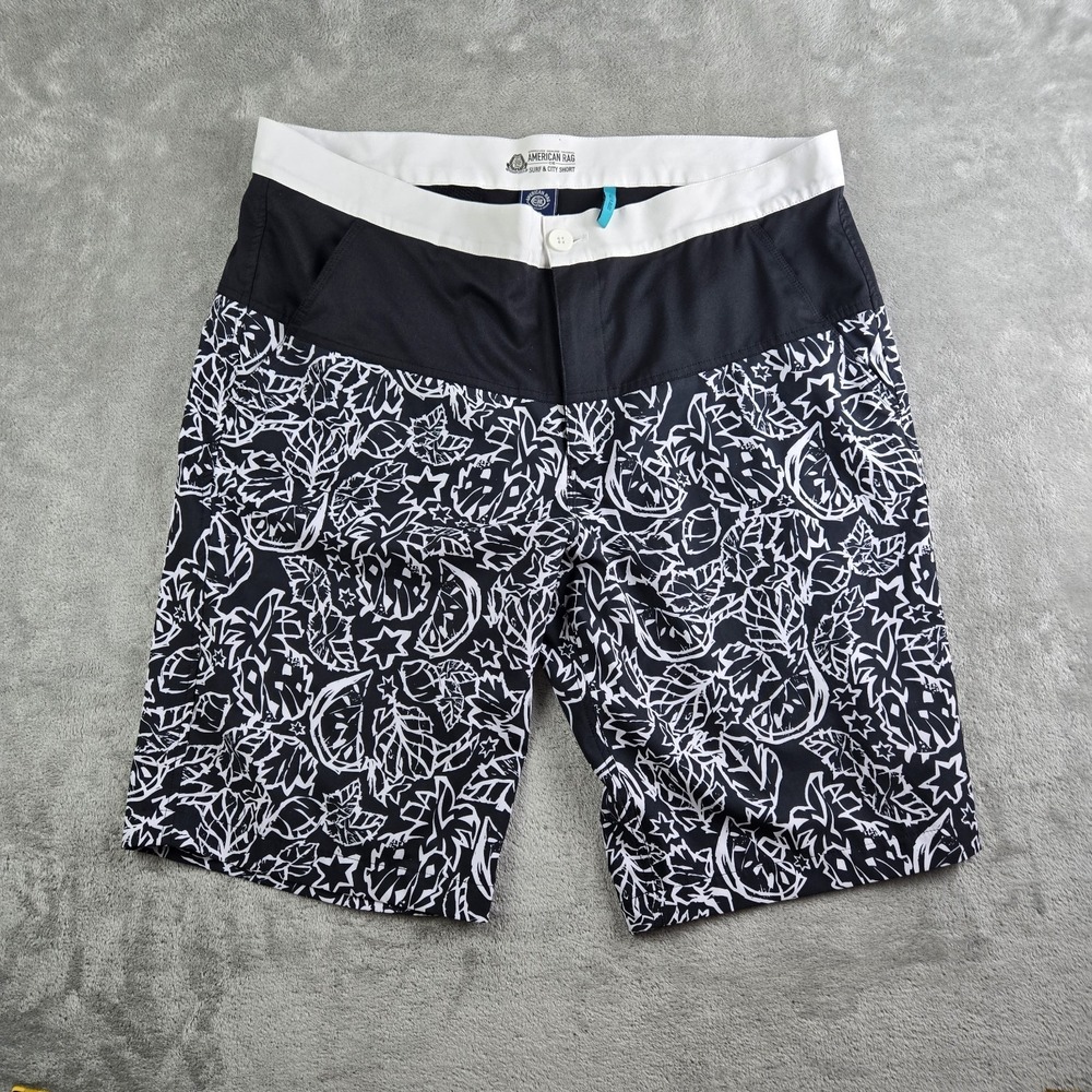 American Rag Board Shorts Mens 38x12 Black White Patterned Surf City Swim Trunk